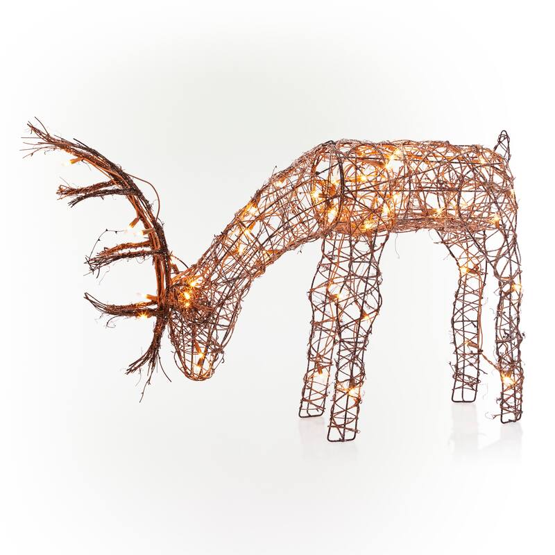 Alpine Corporation Outdoor Rattan Grazing Christmas Reindeer Lawn Decoration with White Halogen Lights