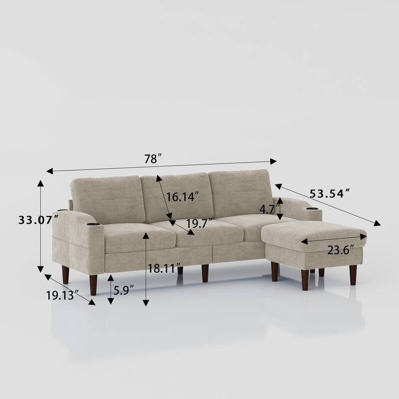 L-shaped Sectional Sofa with Storage Ottoman, Built-in USB Ports, Cup Holders and Side Pockets, 3 Seater Combination Couch