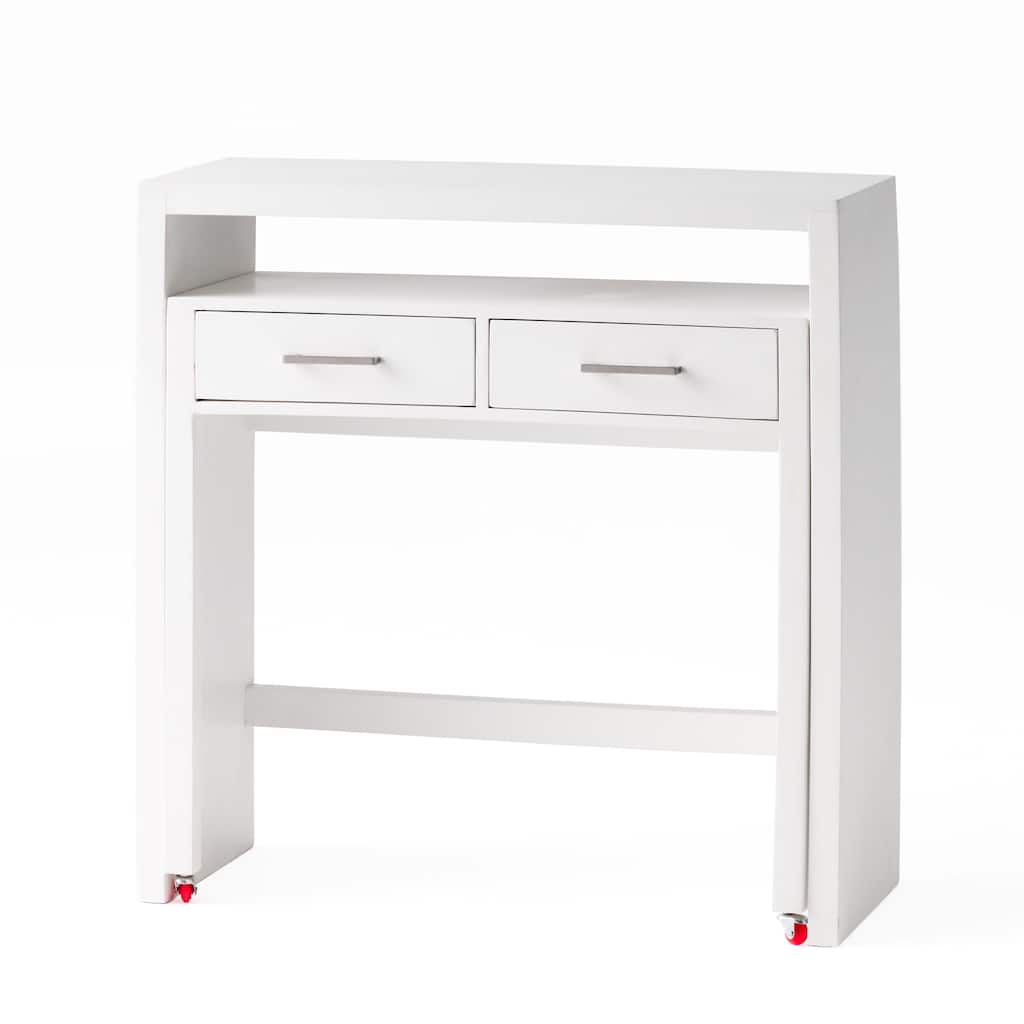 Sliding Desk with Upper Console Table, White Mango Wood, 36 Inch