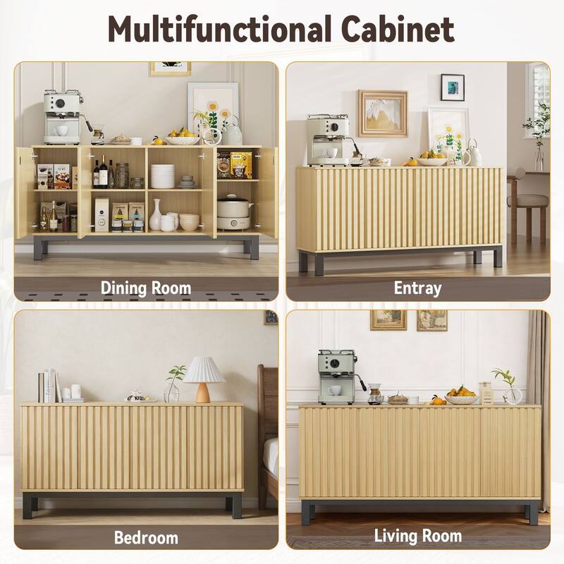 Meyreso 63 Inch Fluted Buffet Cabinet with Shelves & 4 Doors