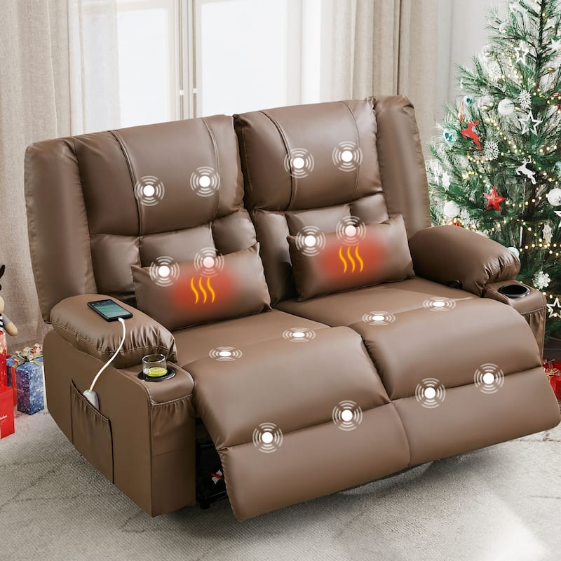 Manual Recliner Loveseat with Massage & Heating, Cup Holders & Side Pocket for Living Room