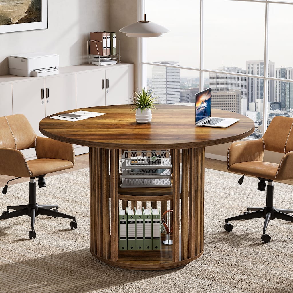 47 Inch Round Conference Table with Storage and Solid Wood Base - 47.24" D x 47.24" W x 29.53" H