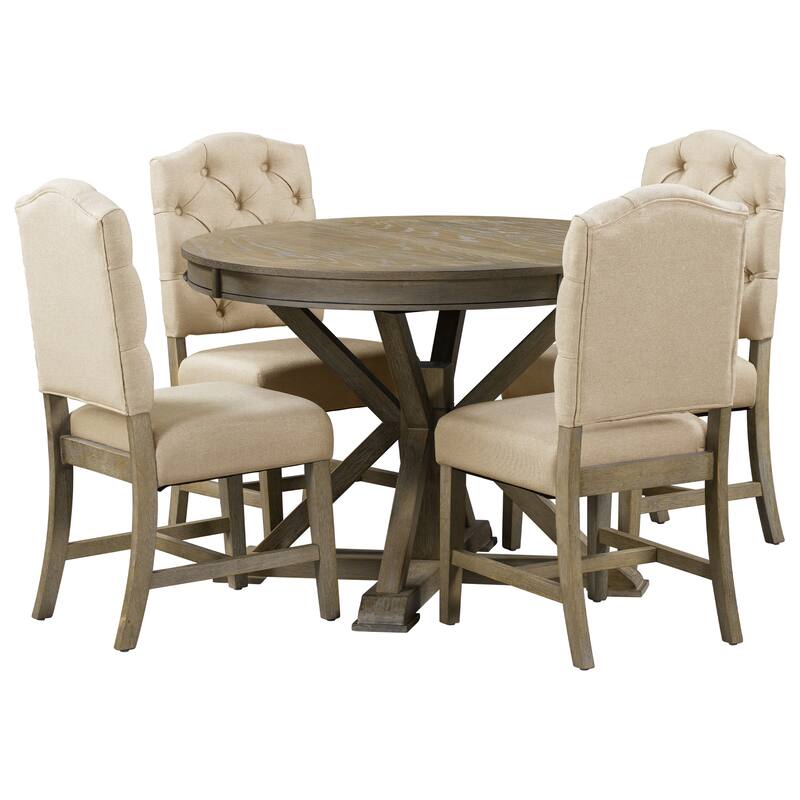 X-Cross Leg Round Dining Table Set Wooden Extendable End Table with 4 Upholstered Chairs for Dining Room & Living Room Bistro