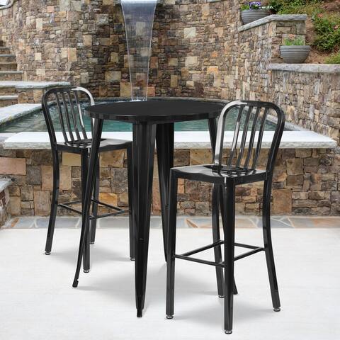 30'' Round Metal Indoor-Outdoor Bar Table Set with 2 Vertical Slat Back Stools - 30"W x 30"D x 41"H