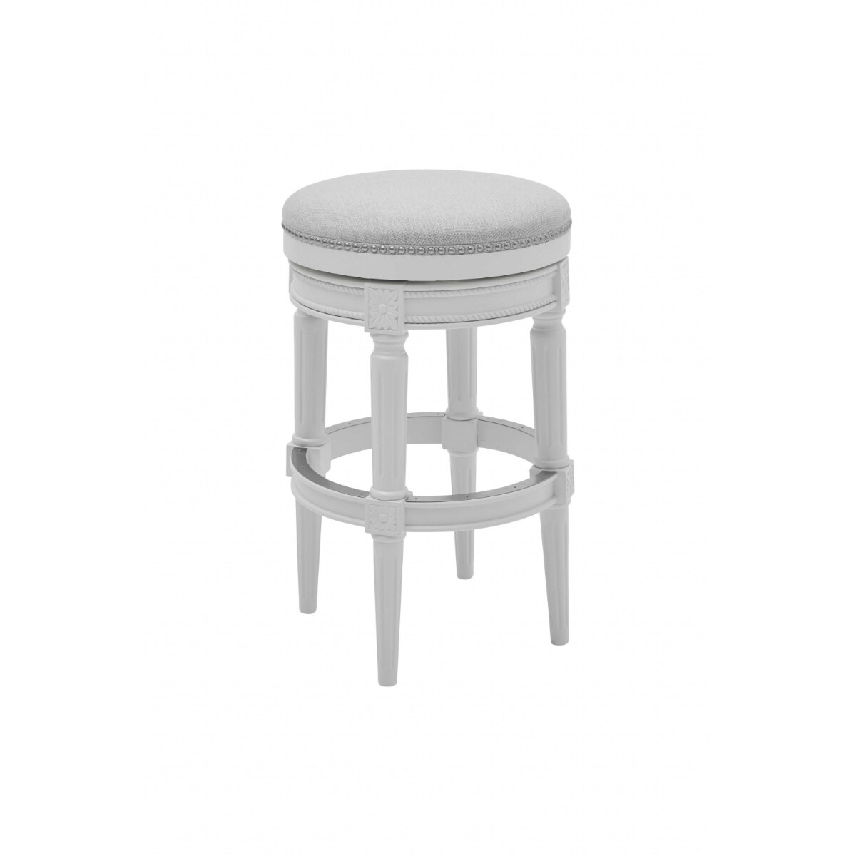 White Round Swivel Backless Bar Stool with Fabric Seat and Footrest