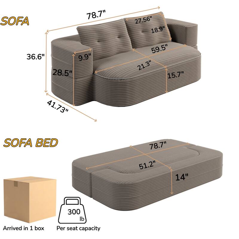 78.7 Inch Convertible Floor Sofa Bed, Plush Corduroy Sleeper Couch with Blanket and 2 Pillows, Deep Seat