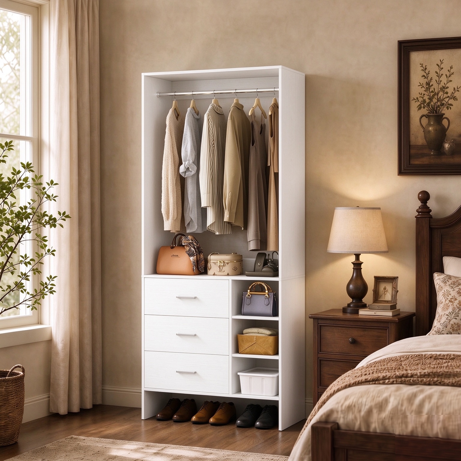 Cimly 30'' Closet Oragnizer System with Wood Drawers, Storage Wardrobe with Hanging Rods and Adjustable Shelves