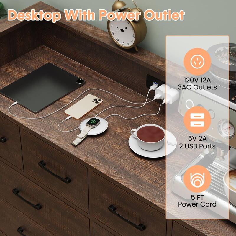 8 Drawer Wood Dresser, with Power Outlet and LED Lights