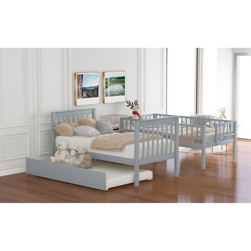 Twin over Twin Bunk Bed with Ladder and Full Guardrails Solid Wood Bunk Bed Frame with Trundle and Storage, No Box Spring Needed