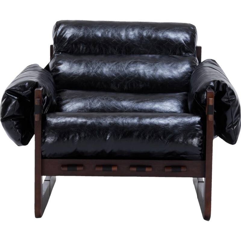 Lounge Chair Oil Wax Leather Sofa Chair with Removable Armrests, Rubber Wood Decorative Chair for Living Room