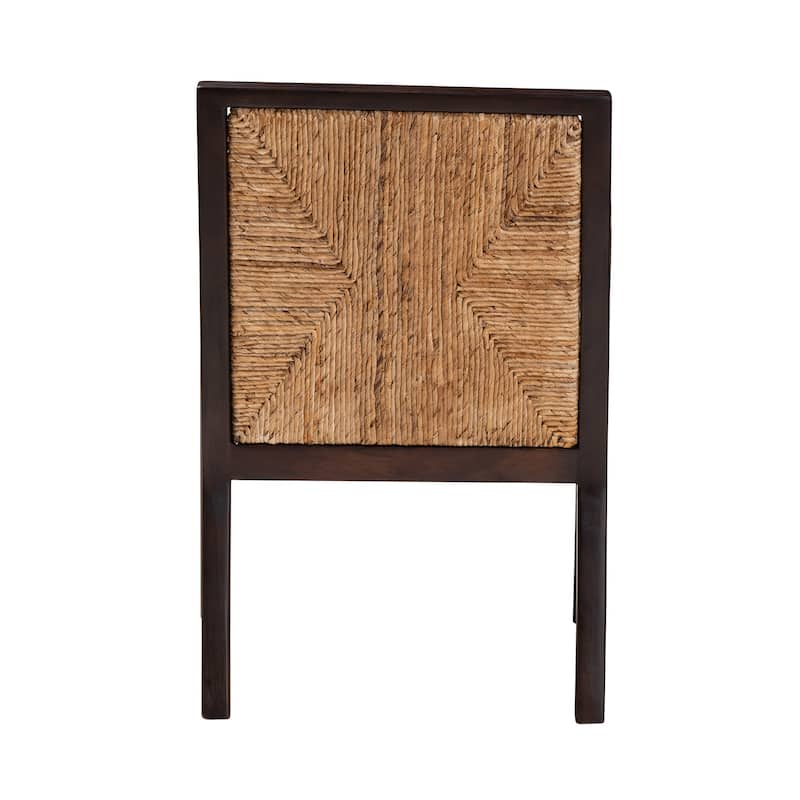 Joana Modern Bohemian Dark Brown Mahogany Wood and Natural Abaca Dining Arm Chair