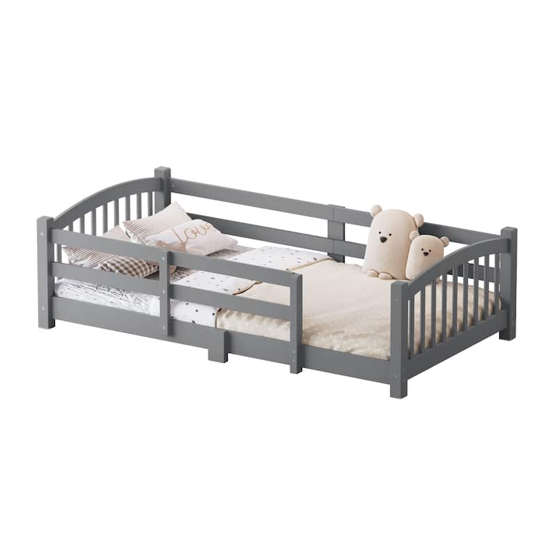 Solid Wood Floor Bed Montessori Bed with Safety Guardrails Without Door