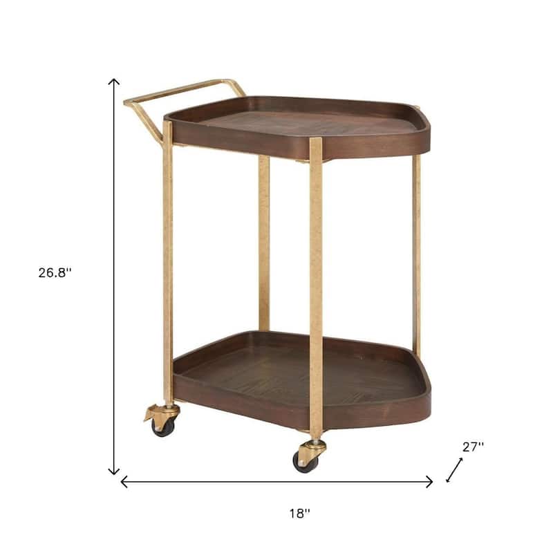 HomeRoots 27" Walnut And Brass Wood and Steel Rolling Bar Cart - 27.00 in. x 26.80 in. x 18.00 in.
