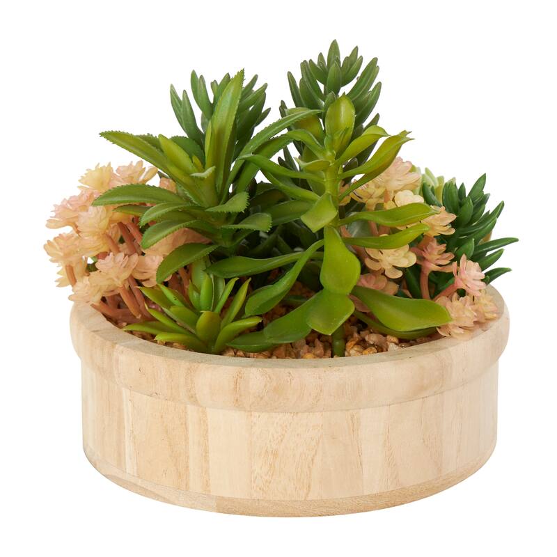 Faux Foliage Artificial Plant with Brown Wooden Pot - Green - Roche River Decor - 8"W x 8"L x 7"H