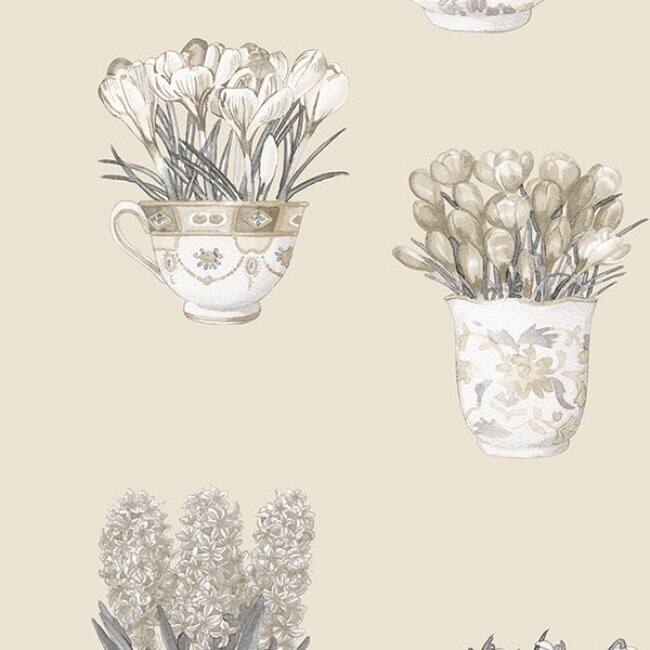 Printemps Tea Cups Wellington Flower Pot Paper and Vinyl 32.7-foot x 20.5-inch Wallpaper - Grey