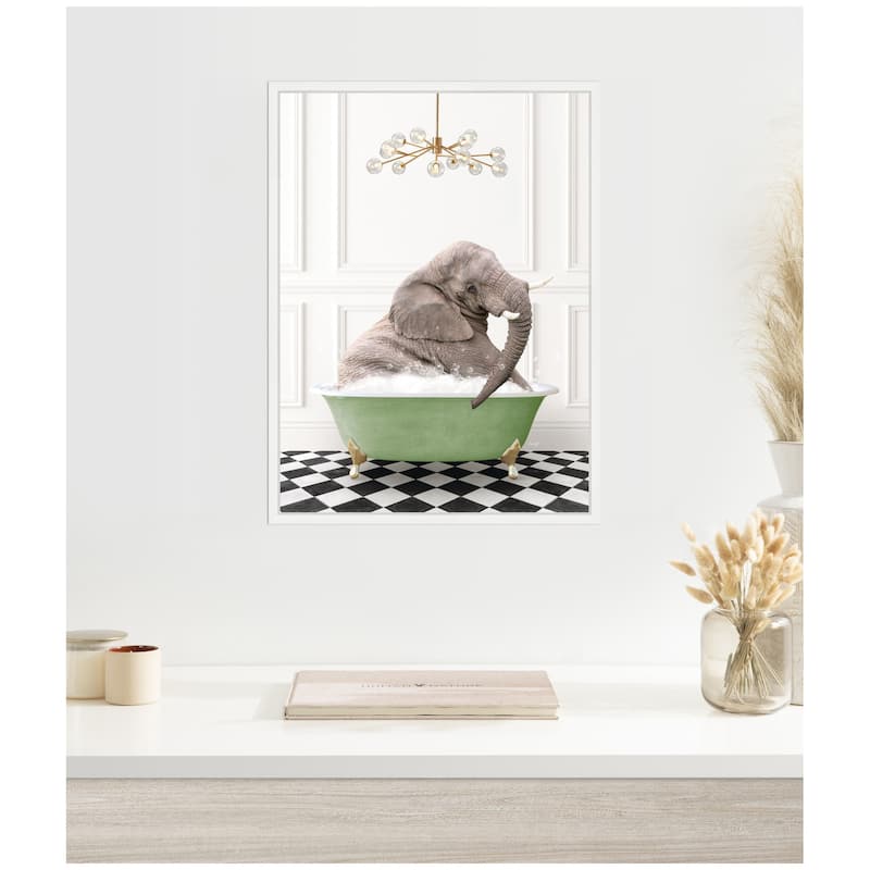 Kate and Laurel Sylvie Young Elephant in Green Bathtub Checker Floor Framed Canvas by Amy Peterson