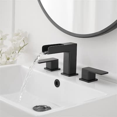 8 Inch Widespread Bathroom Sink Faucet with Pop-up Drain 3 Hole Brass Modern Waterfall Bathroom Basin Vanity Faucets Matte Black