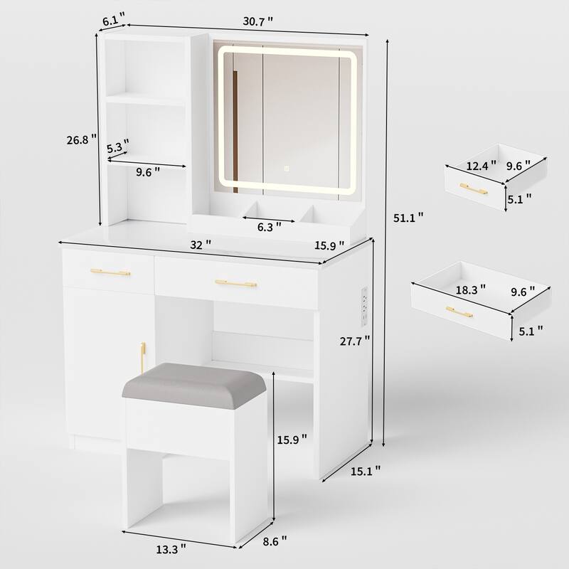 Vanity Desk with Lighten Mirror, 3 Color Mode Brightness Adjustable, ressing Table Set with Cabinet, Drawers, Shelves & Stool