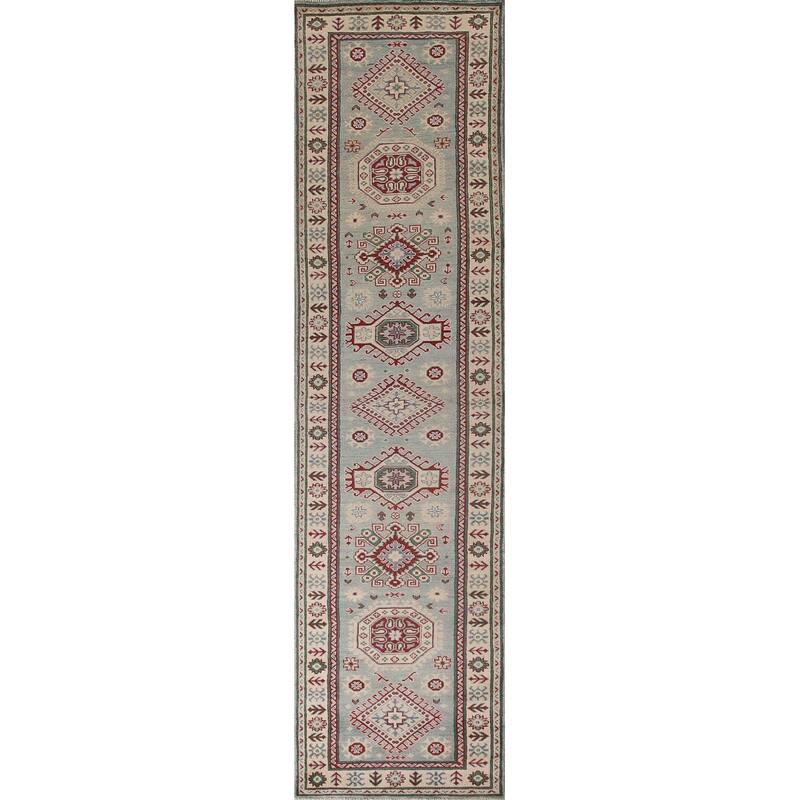Light Blue Kazak Runner Rug Hand-Knotted Traditional Wool Carpet - 2'8" x 13'4"