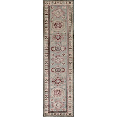 Light Blue Kazak Runner Rug Hand-Knotted Traditional Wool Carpet - 2'8" x 13'4"