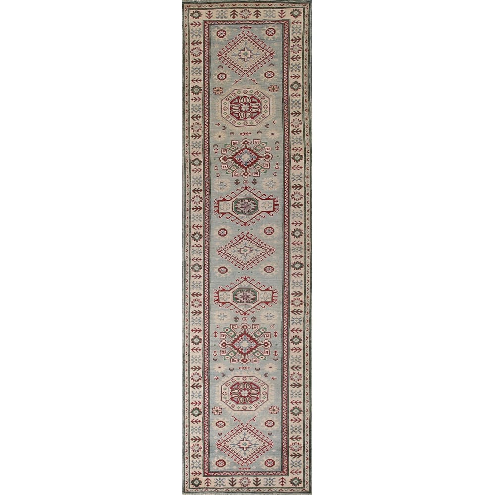 Light Blue Kazak Runner Rug Hand-Knotted Traditional Wool Carpet - 2'8" x 13'4"