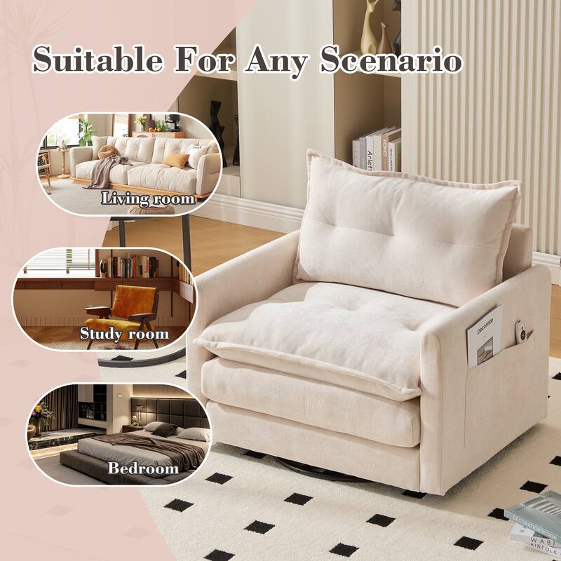 360°Swivel Barrel Chair Single Armchair Chenille Sofa Accent Chair with Thick Padded and Side Storage Pockets