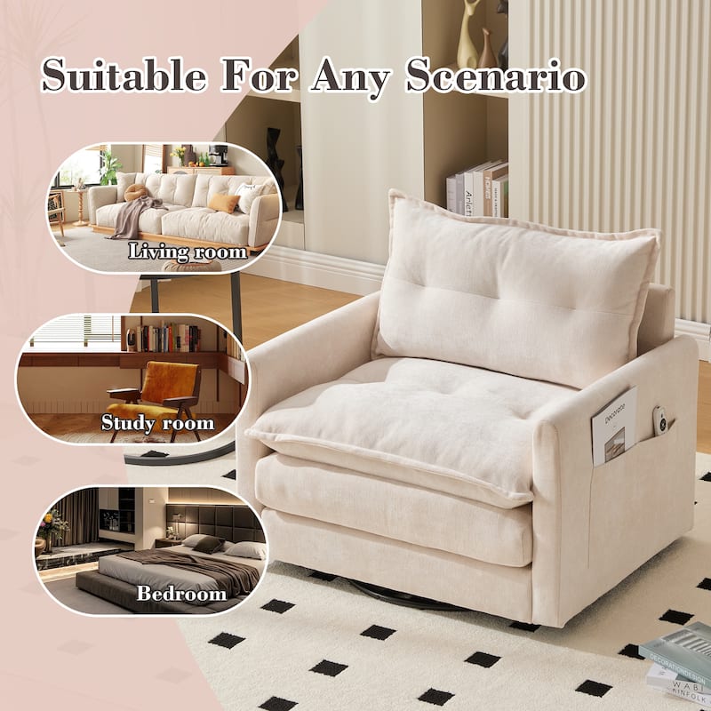 HOMEFUN Chenille Upholstered 360°Degree Swivel Mid Century Modern Arm Chair with Side Pocket for Living Room