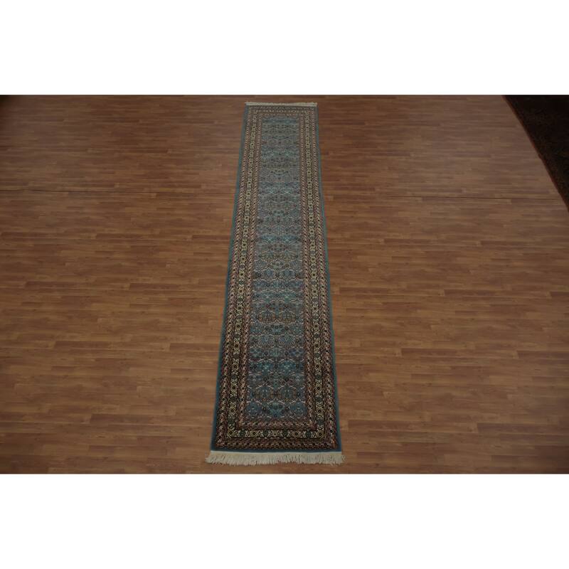 Hand Knotted Oriental 100% Wool Carpet Traditional All-Over Navy Blue & Blues Ziegler Runner Rug - 15' 10'' X 3' 4''