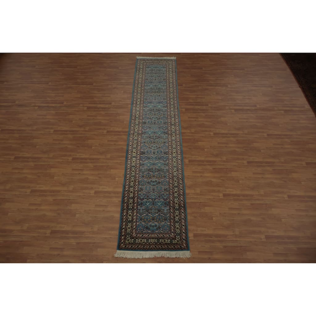 Hand Knotted Oriental 100% Wool Carpet Traditional All-Over Navy Blue & Blues Ziegler Runner Rug - 15' 10'' X 3' 4''