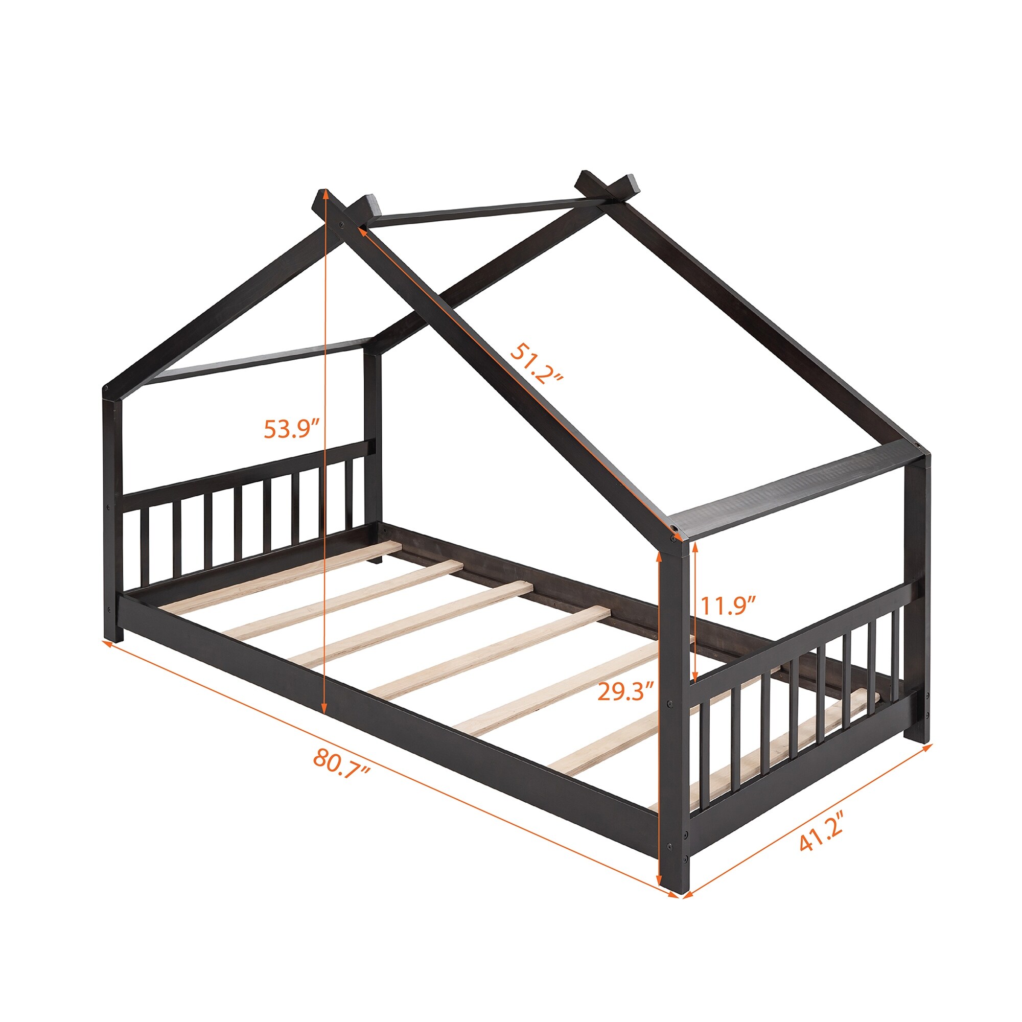 Twin Size Pine Wood House Bed with Playhouse Roof Design