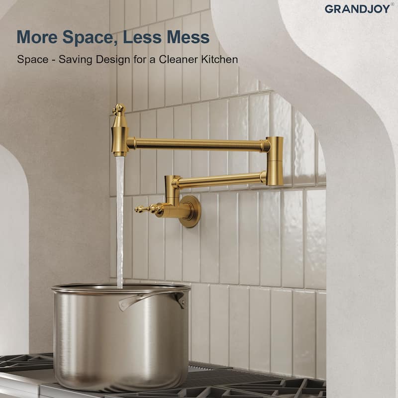 GRANDJOY Wall‑Mount Pot Filler Faucet with Dual Handle Control,High Flow Cold Water Faucet for Stove, Foldable Design