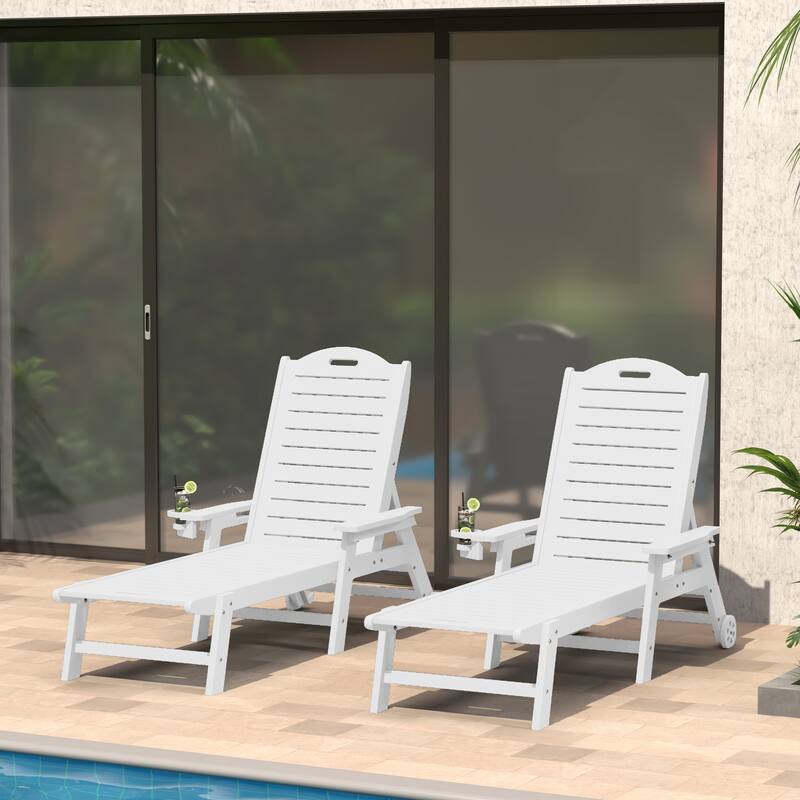 Brighton Outdoor Poly Reclining Chaise Lounge with Wheels & Cup Holder (Set of 2)