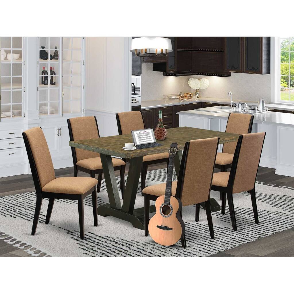 HomeStock 7-Piece Distressed Jacobean Finish Solid Wood Top Dining Table with 6-Chairs