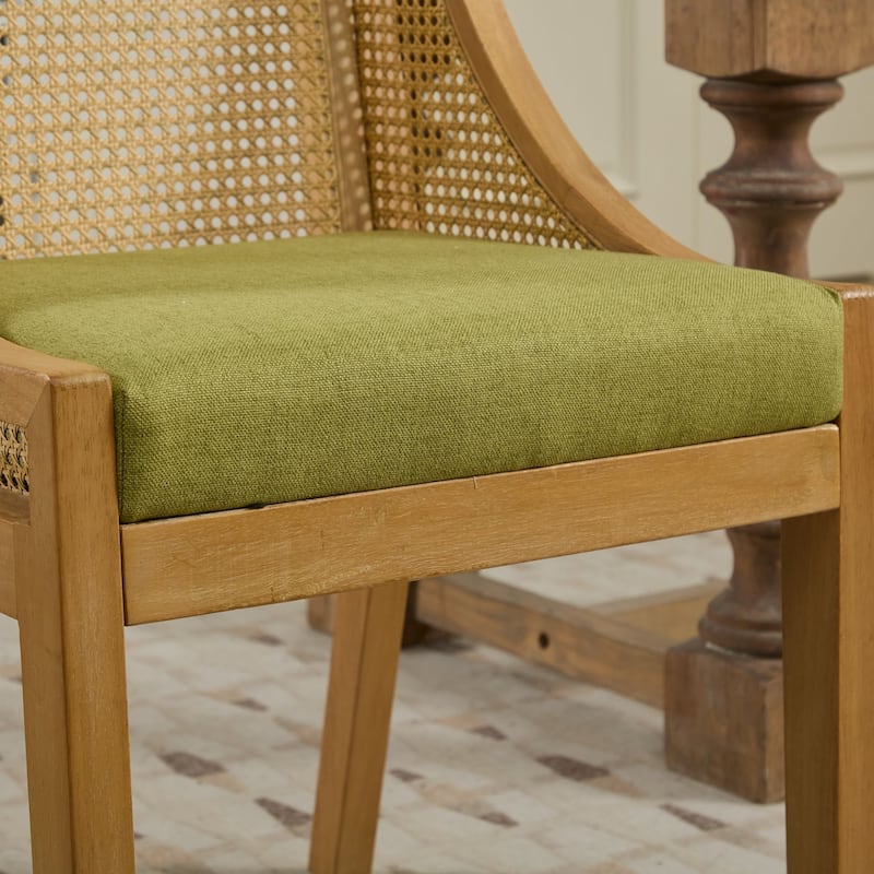 Rattan Dining Chairs Set of 2,Solid Wood Frame with Decorative Armrests,Linen Upholstered Seat,Rustic Wooden Style Side Chairs