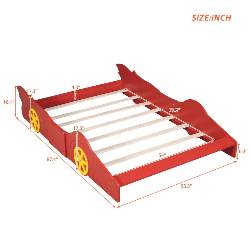 Twin/Full Race Car-Shaped Platform Bed, Durable Pine Wood Frame, No Box Spring Needed, Fun Design for Kids.