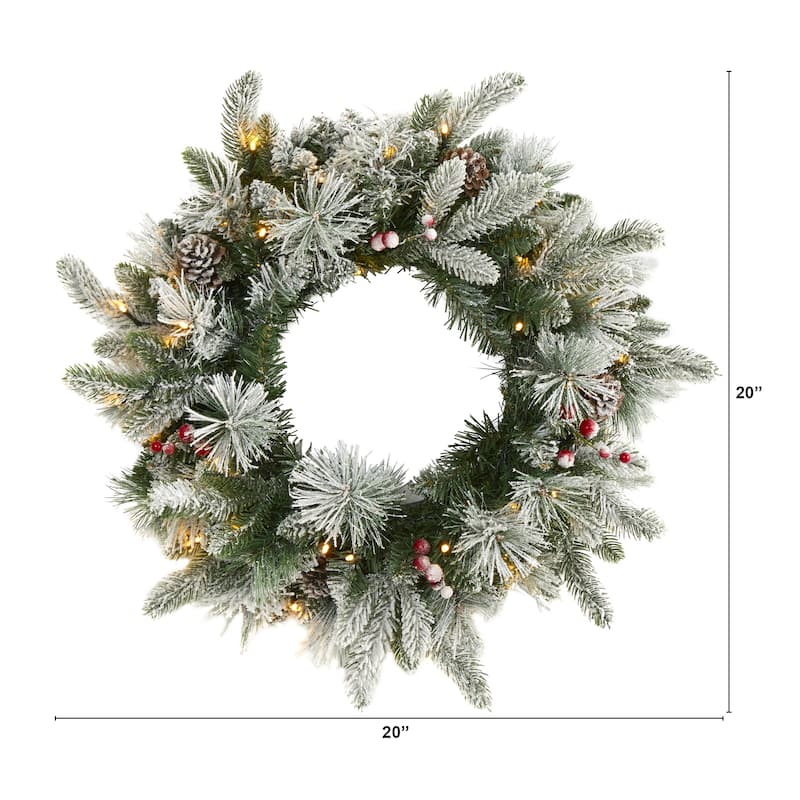 20" Flocked Mixed Pine Christmas Wreath with 50 LED Lights