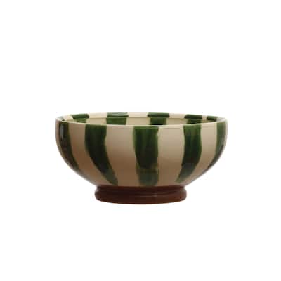 Hand-Painted Stoneware Footed Bowl with Stripes - 10.4"L x 10.4"W x 4.9"H - 10.4"L x 10.4"W x 4.9"H