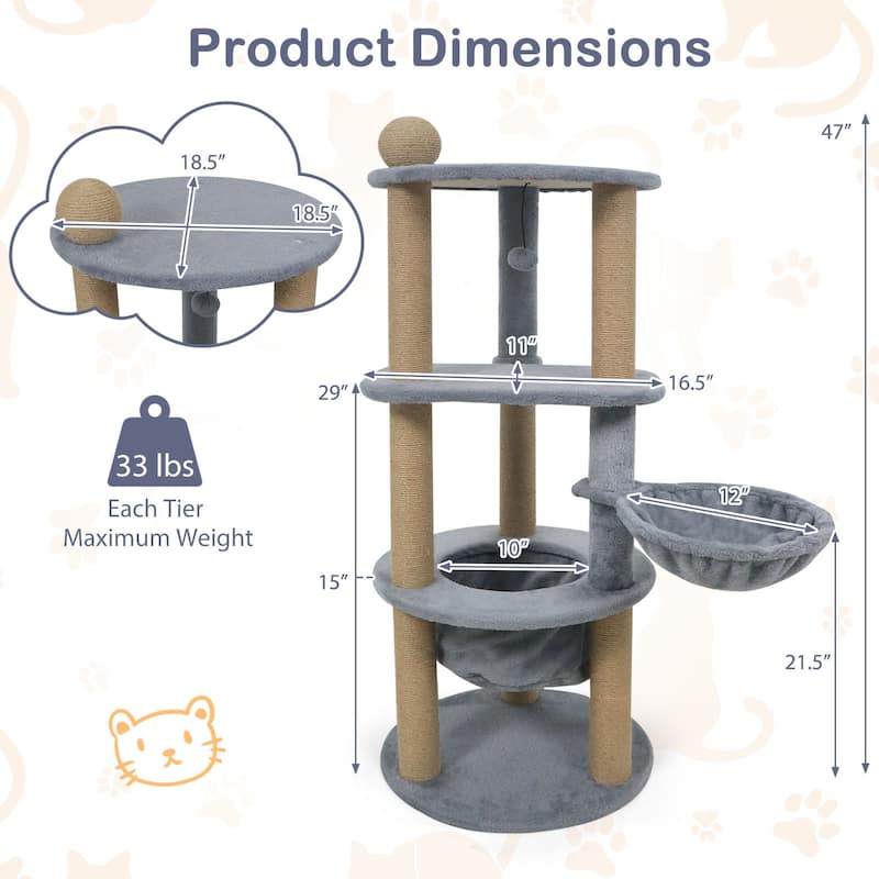 Gymax 48'' Tall Cat Towel w/Cat Nest Scratching Posts Ball Top Perch