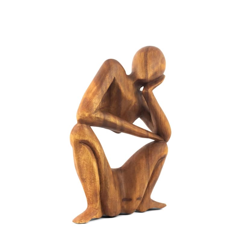 12" Wooden Handmade Abstract Sculpture Statue Handcrafted "Squatting Man Thinking - Gift Art Decorative Home Decor Figurine