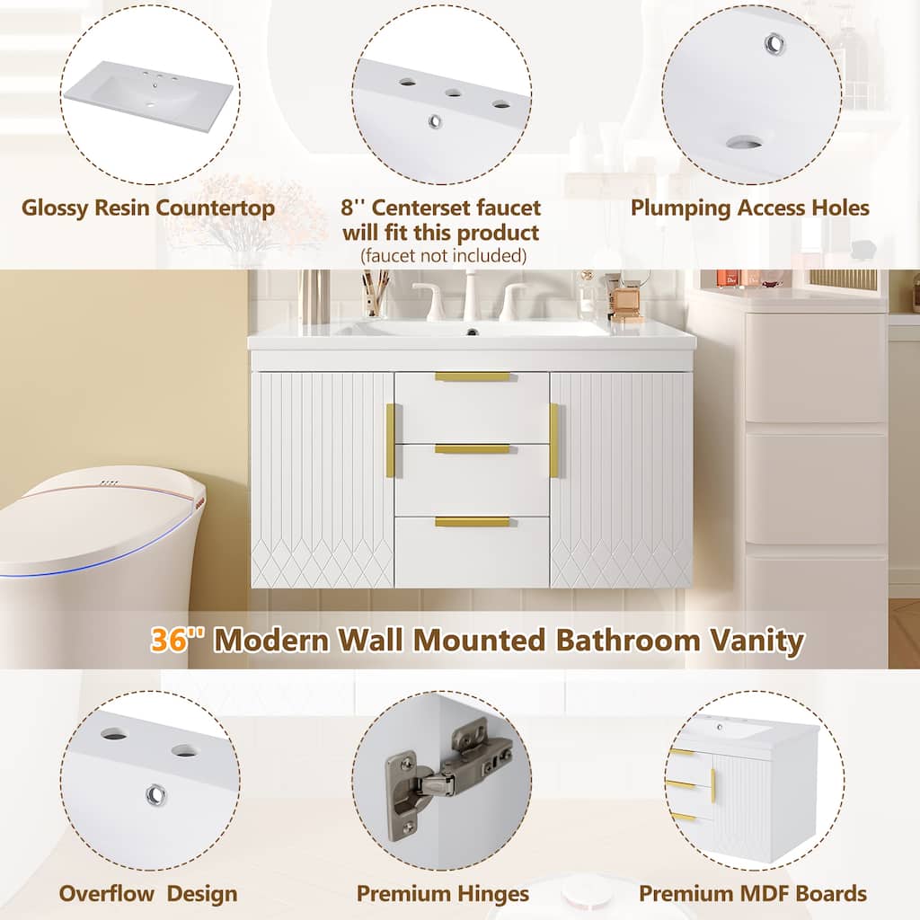 36" Wall Mounted Bathroom Vanity Cabinet with Resin Sink & 2 Drawers