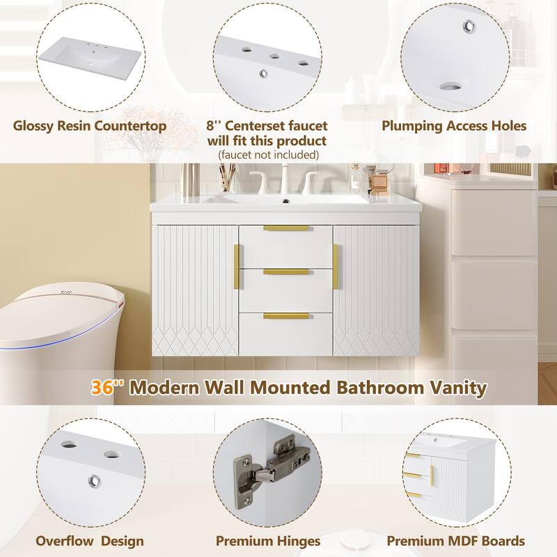 36''Floating Bathroom Vanity - Solid Wood Wall-Mounted Cabinet with Resin Sink & 2 Soft-Close Drawers.