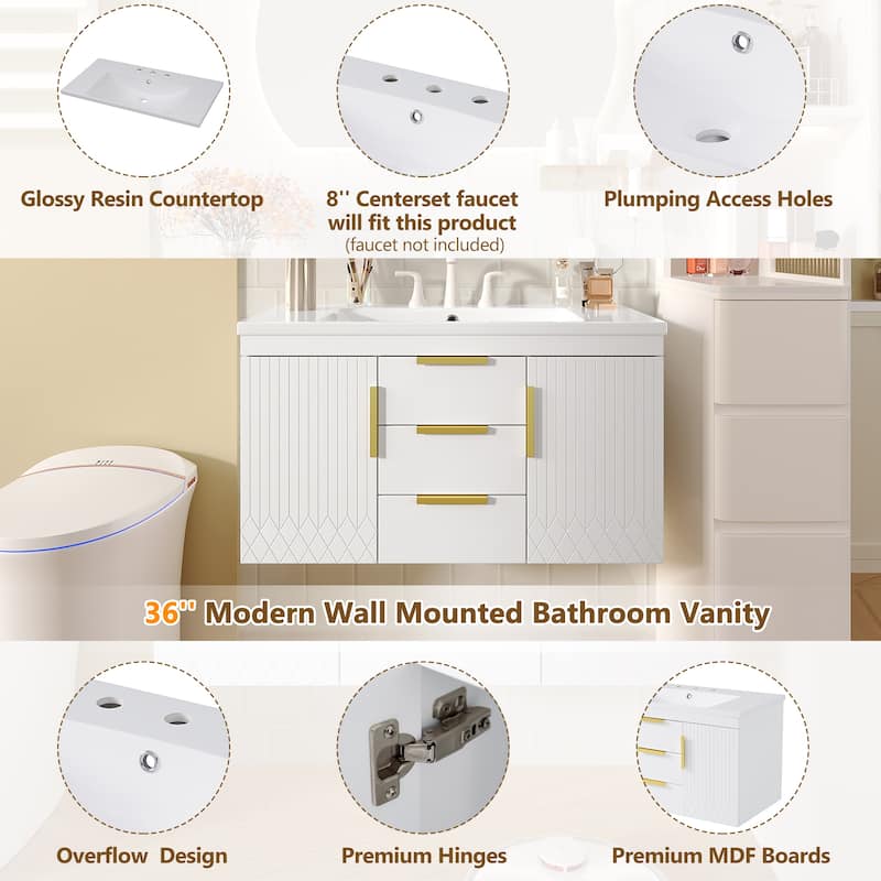 36 Inch Floating Bathroom Vanity with Sink, Wall Hung Cabinet with 2 Soft Close Drawers, Modern MDF Frame