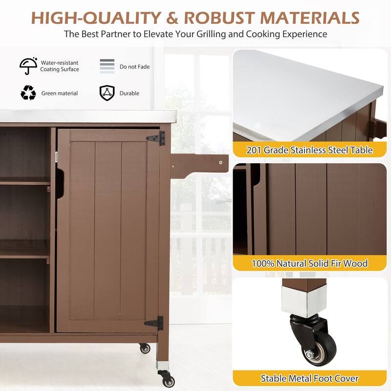 EROMMY Outdoor Kitchen Island on Wheels, Solid Cedar Wood Grill Cart with 201 Stainless Steel Top & 3‑Tier Storage - Wood Color
