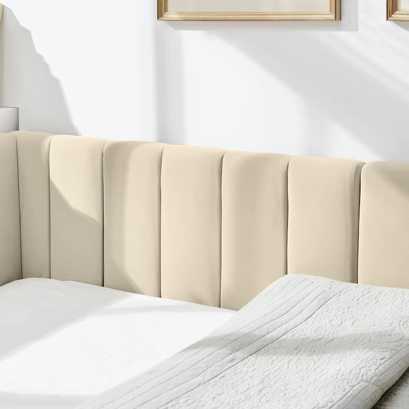 Full Size Velvet Upholstered Daybed with Tufted Backrest and Armrest, Mid-Century Sofa Bed Frame for Bedroom or Living Room