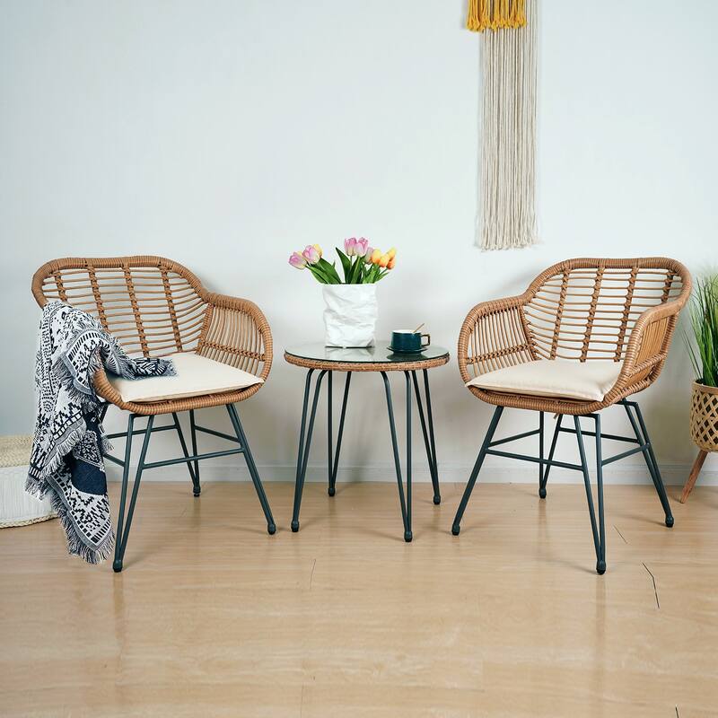 Wicker Bistro Set Outdoor Furniture with Cushions (Set of 3) by Tappio - 21.2"L x 23.6"W x 31.5"H