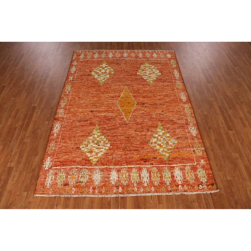 Orange Moroccan Oriental Rug Handmade Tribal Wool Carpet - 6'8" x 9'6"
