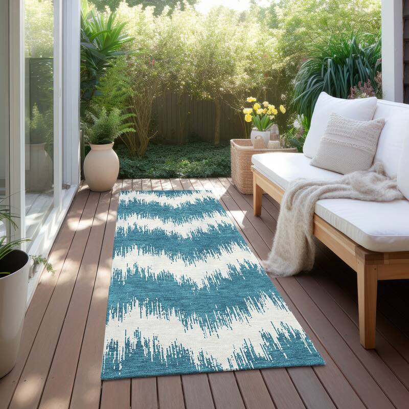 Machine Washable Indoor/ Outdoor Chantille Chevron Modern Rug - Teal - 2'3" x 7'6"