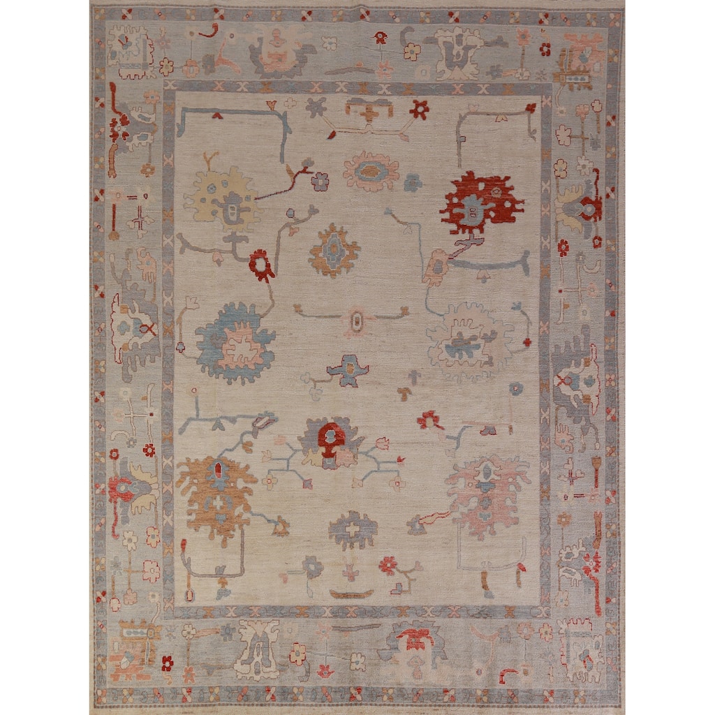 Hand Knotted Oriental 100% Wool Carpet Transitional All-Over Beige & Ivories Oushak Area Rug - 9' 11'' X 8' 2''