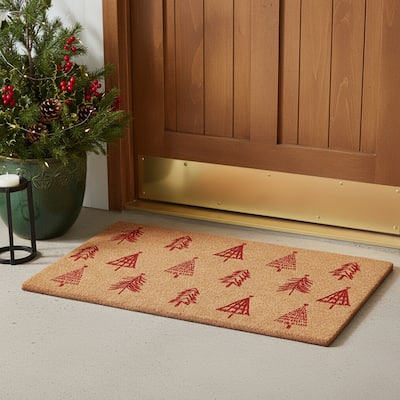 HomeRoots 17" X 29" Brown And Red Christmas Trees Outdoor Coir Door Mat - 17.00' X '29.00
