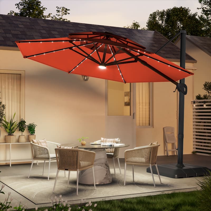 LIVOOSUN 11Ft LED Patio Hanging Double Top Octagon Cantilever Umbrella with 360-degree Rotating Canopy, Red - Red